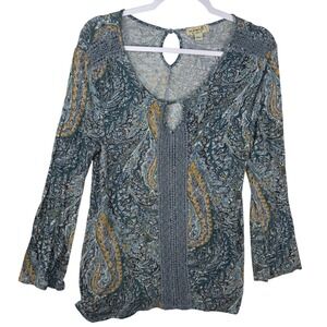 One World Womens Blue Paisley Crochet Lace Trim Bell Sleeve Top Large RN119794
